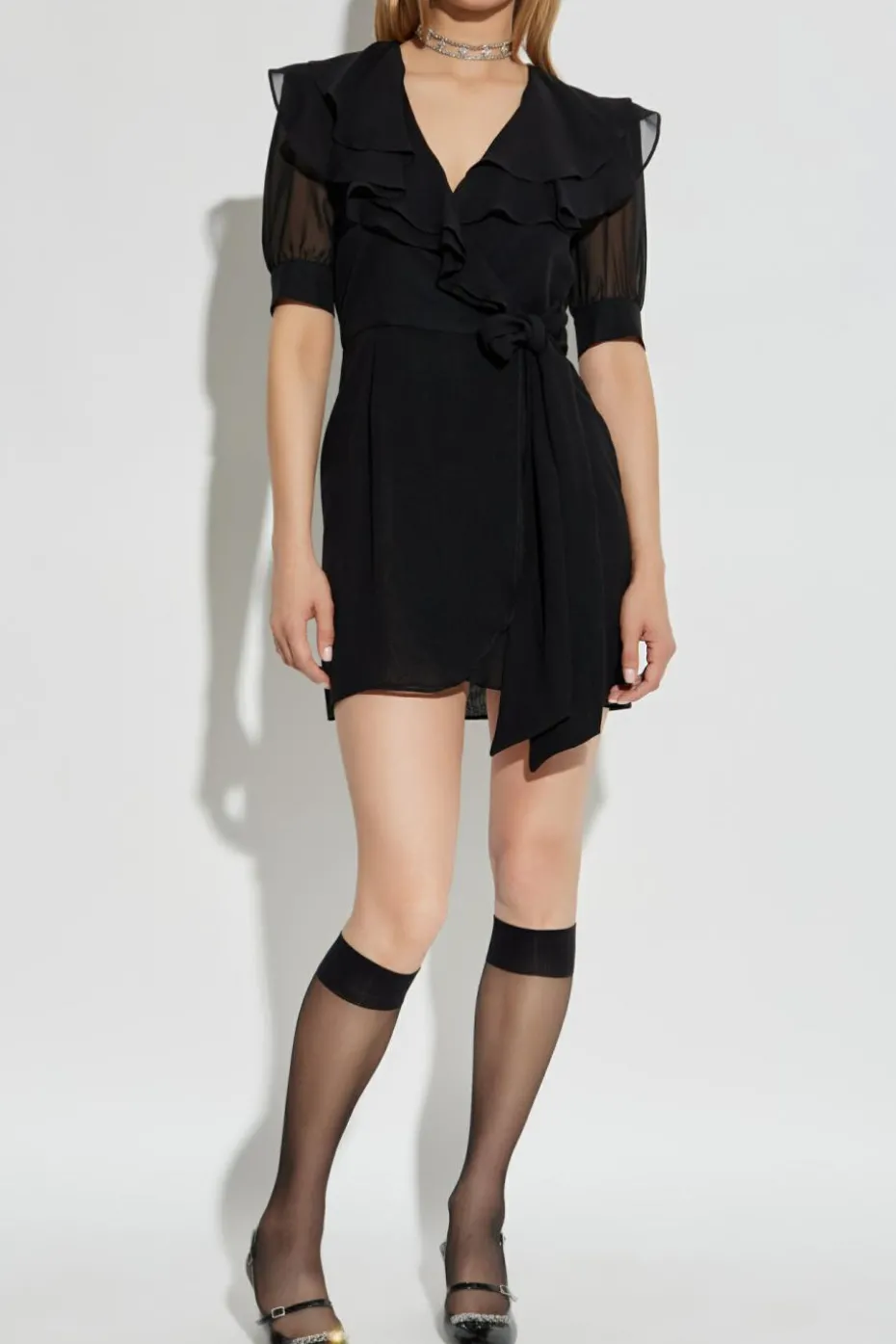 Alessandra Rich CZARNY Sukienka z kopertowym wiązaniem w talii