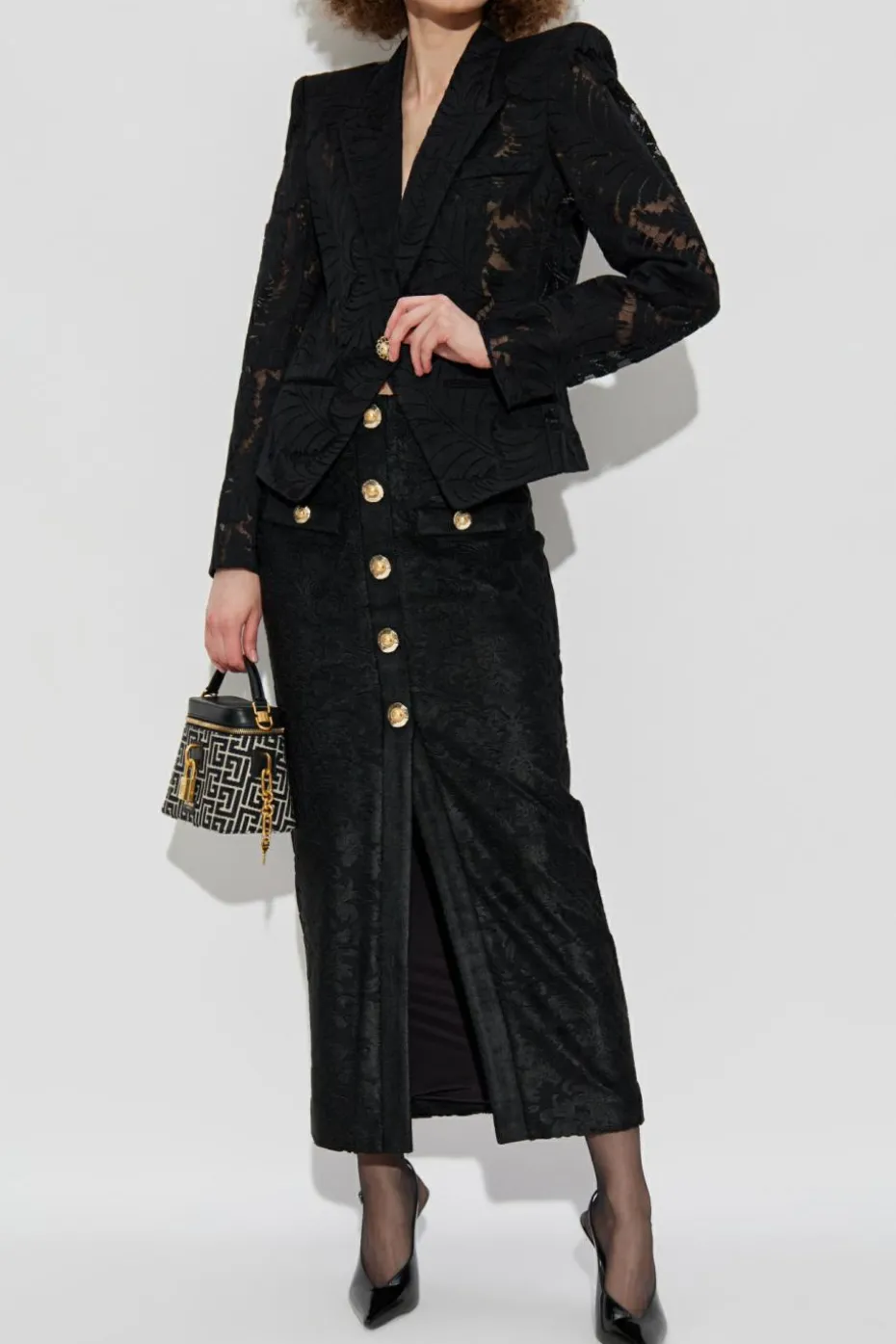Balmain CZARNY Koronkowa marynarka