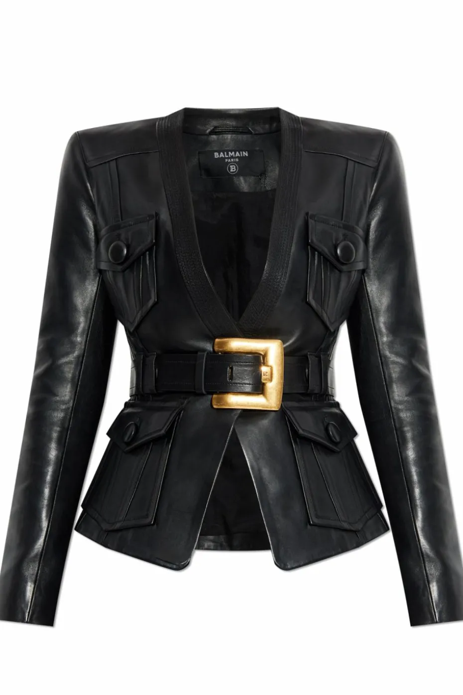 Balmain CZARNY Skórzana kurtka z paskiem