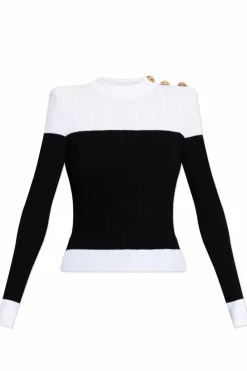 Balmain CZARNY Sweter z dekoracyjnymi guzikami na ramieniu