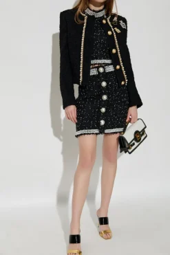 Balmain CZARNY Tweedowa spódnica z połyskującymi aplikacjami