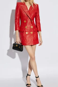 Balmain CZERWONY Skórzana sukienka z aplikacjami