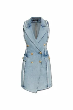 Balmain NIEBIESKI Jeansowa sukienka z surowym wykończeniem