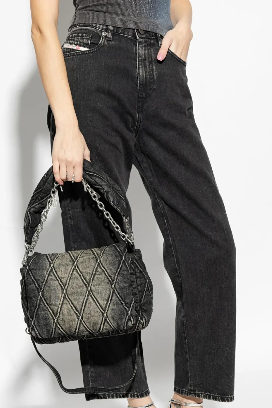 Diesel SZARY Jeansowa torba na ramię ‘Charm-D Medium’