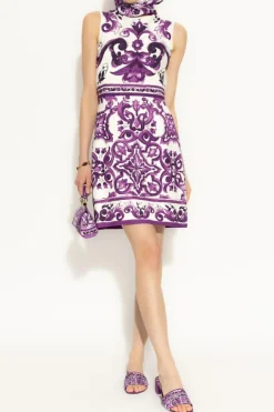 Dolce & Gabbana FIOLETOWY Sukienka z nadrukiem `Majolica`
