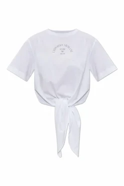 Emporio Armani BIAŁY T-shirt z dekoracyjnym wiązaniem z przodu