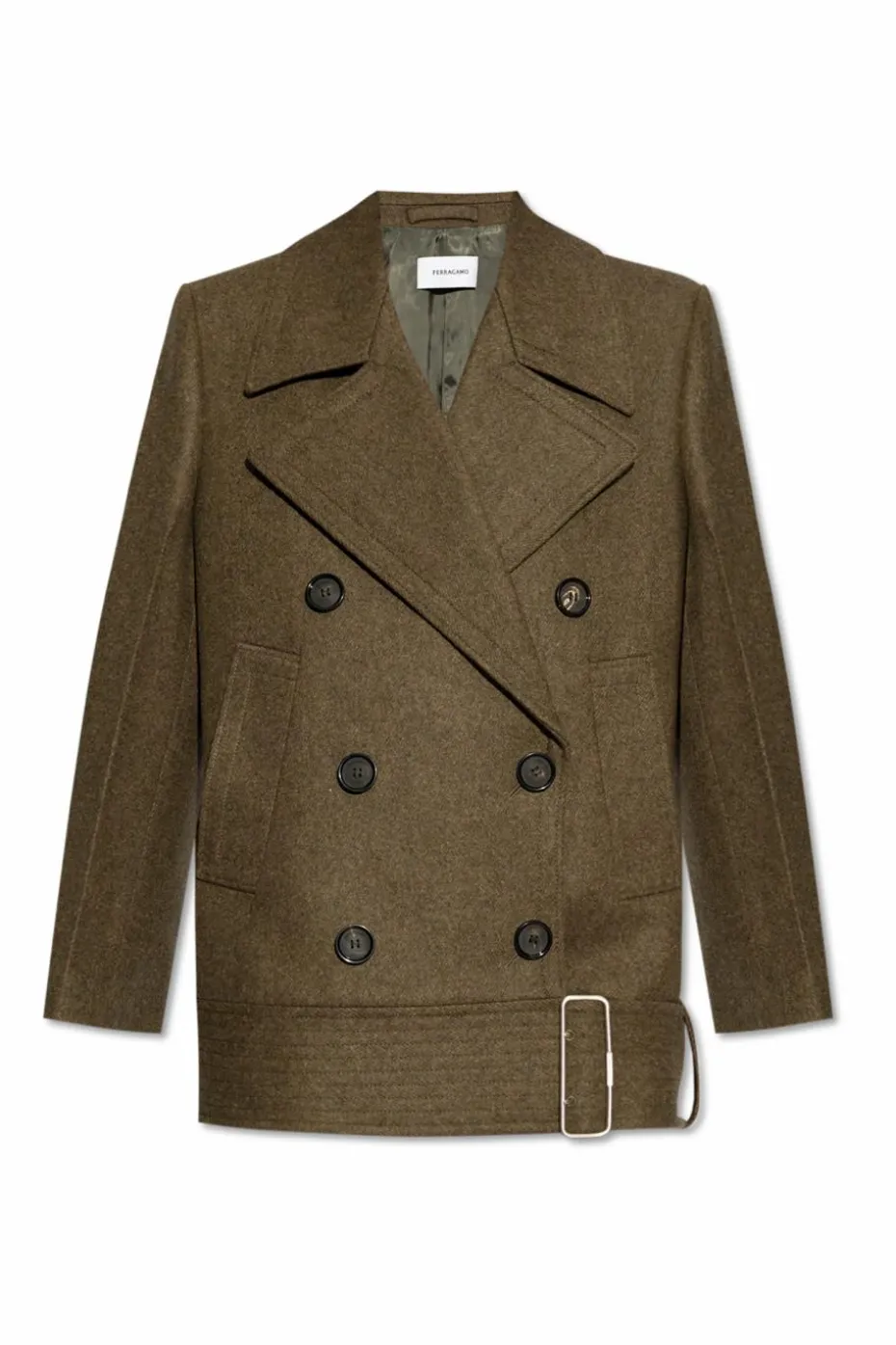 FERRAGAMO ZIELONY Wełniany płaszcz
