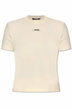 Jacquemus kremowy T-shirt z naszywką z logo