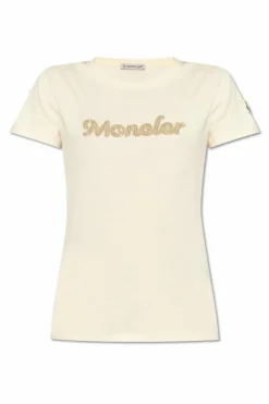 Moncler kremowy T-shirt z połyskującymi aplikacjami
