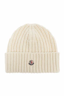 Moncler kremowy Wełniana czapka z naszywką z logo