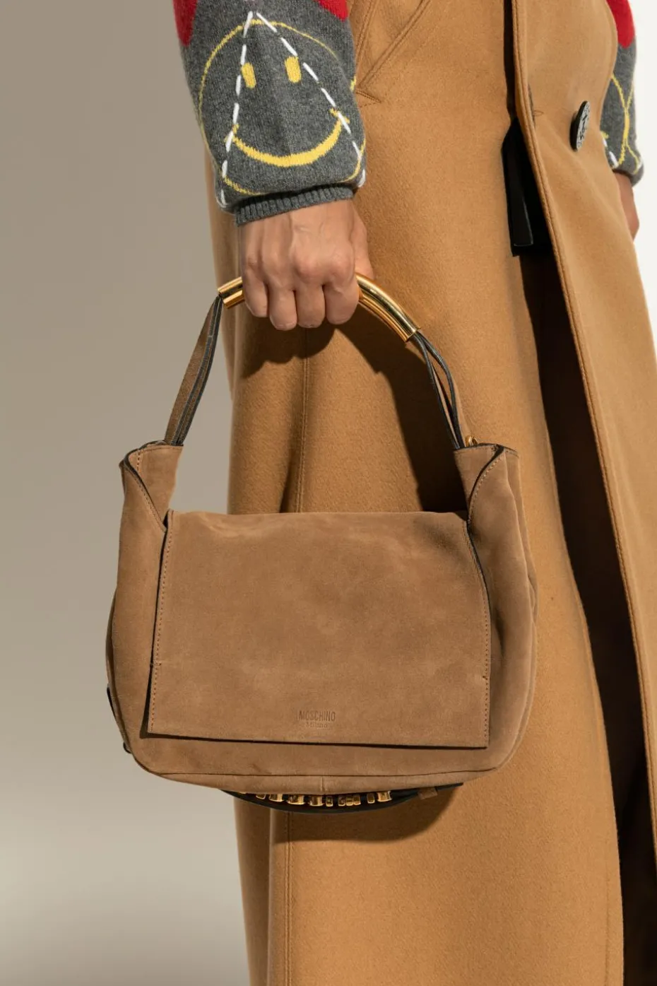 Moschino BRĄZOWY Zamszowa torba do ręki