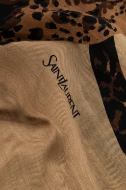 Saint Laurent beżowy Wełniany szal z motywem zwierzęcym