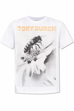 Tory Burch BIAŁY T-shirt z kolorowym nadrukiem