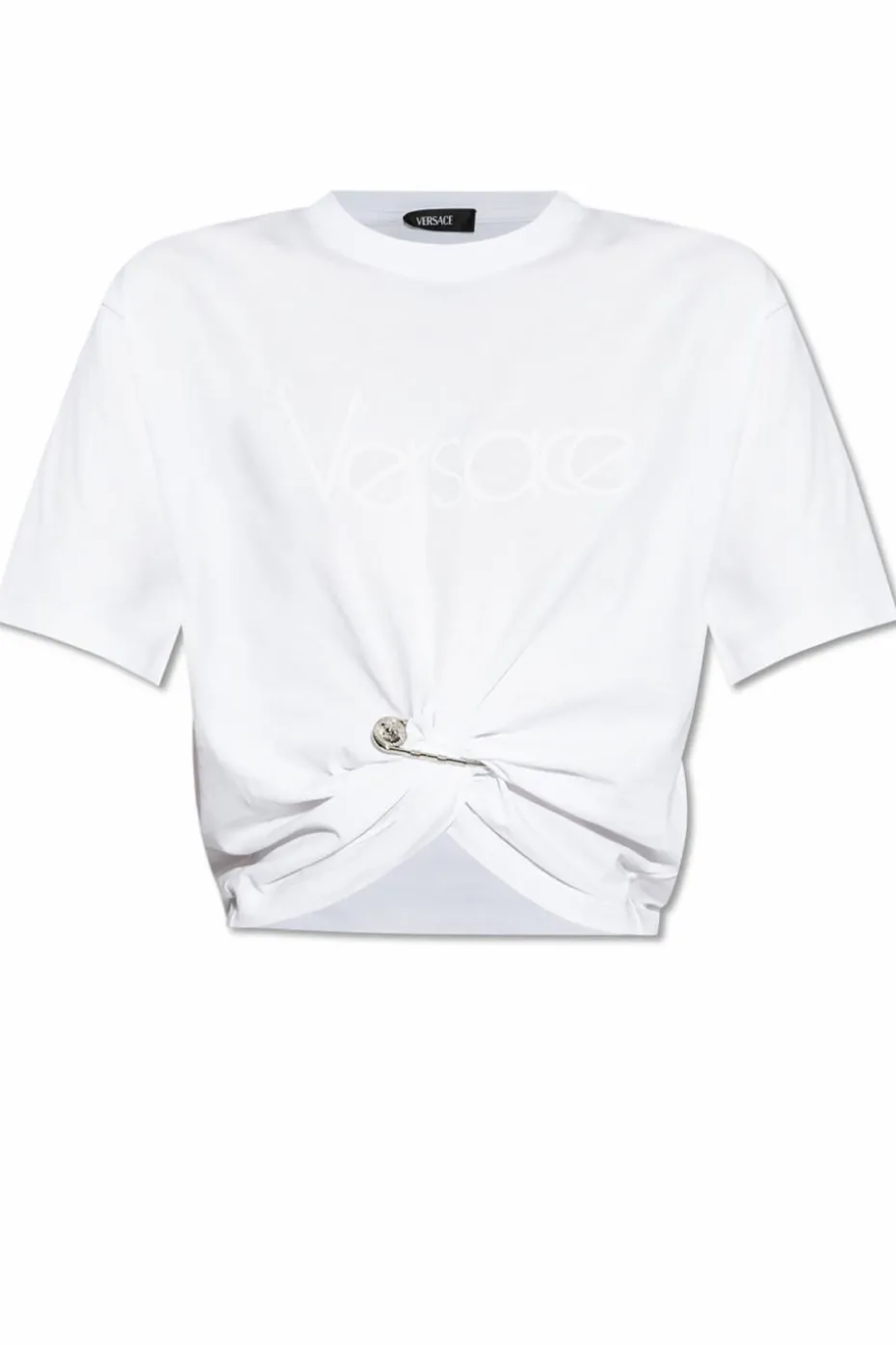 Versace BIAŁY T-shirt z dekoracyjną agrafką