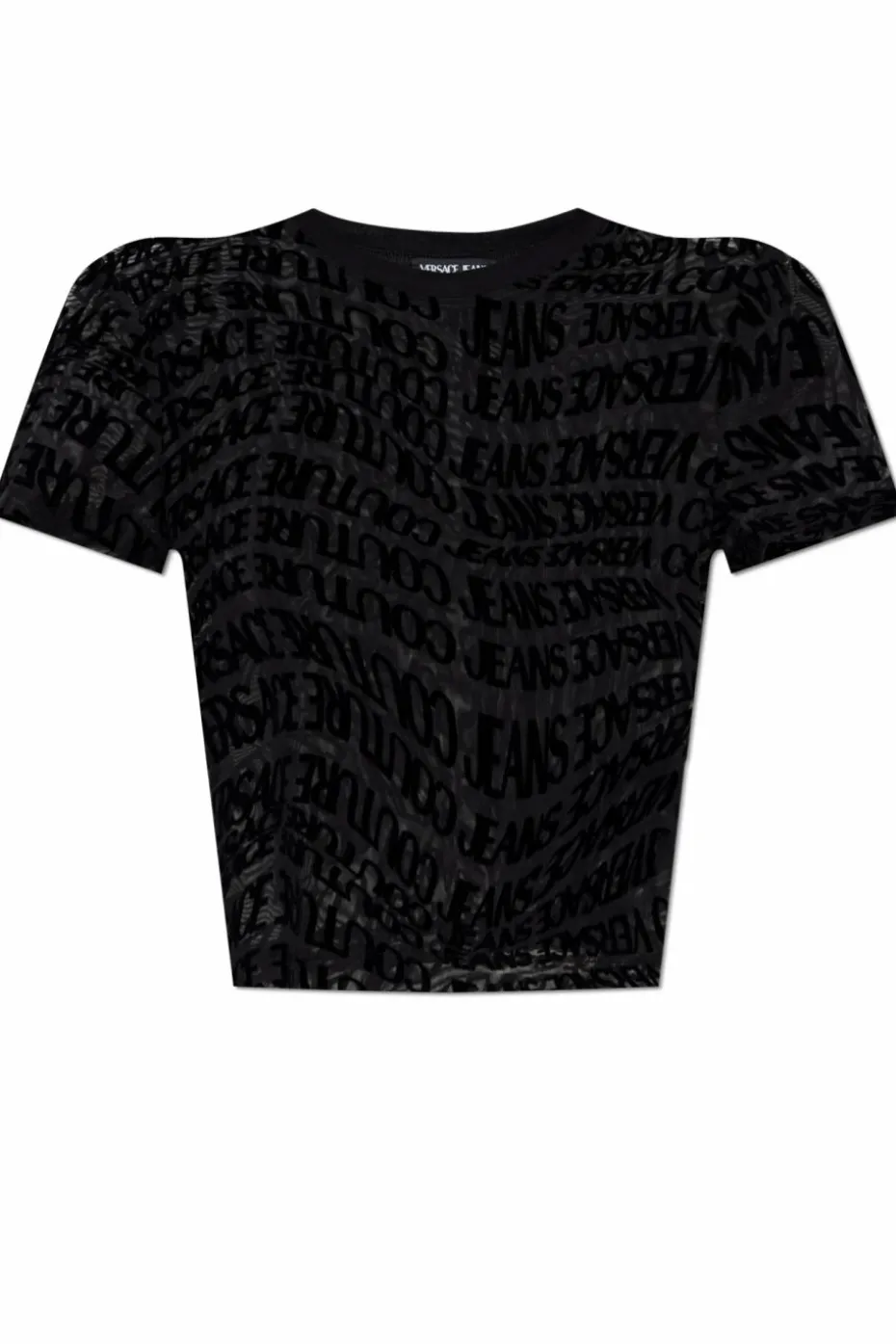Versace Jeans Couture CZARNY T-shirt z logo o aksamitnym wykończeniu