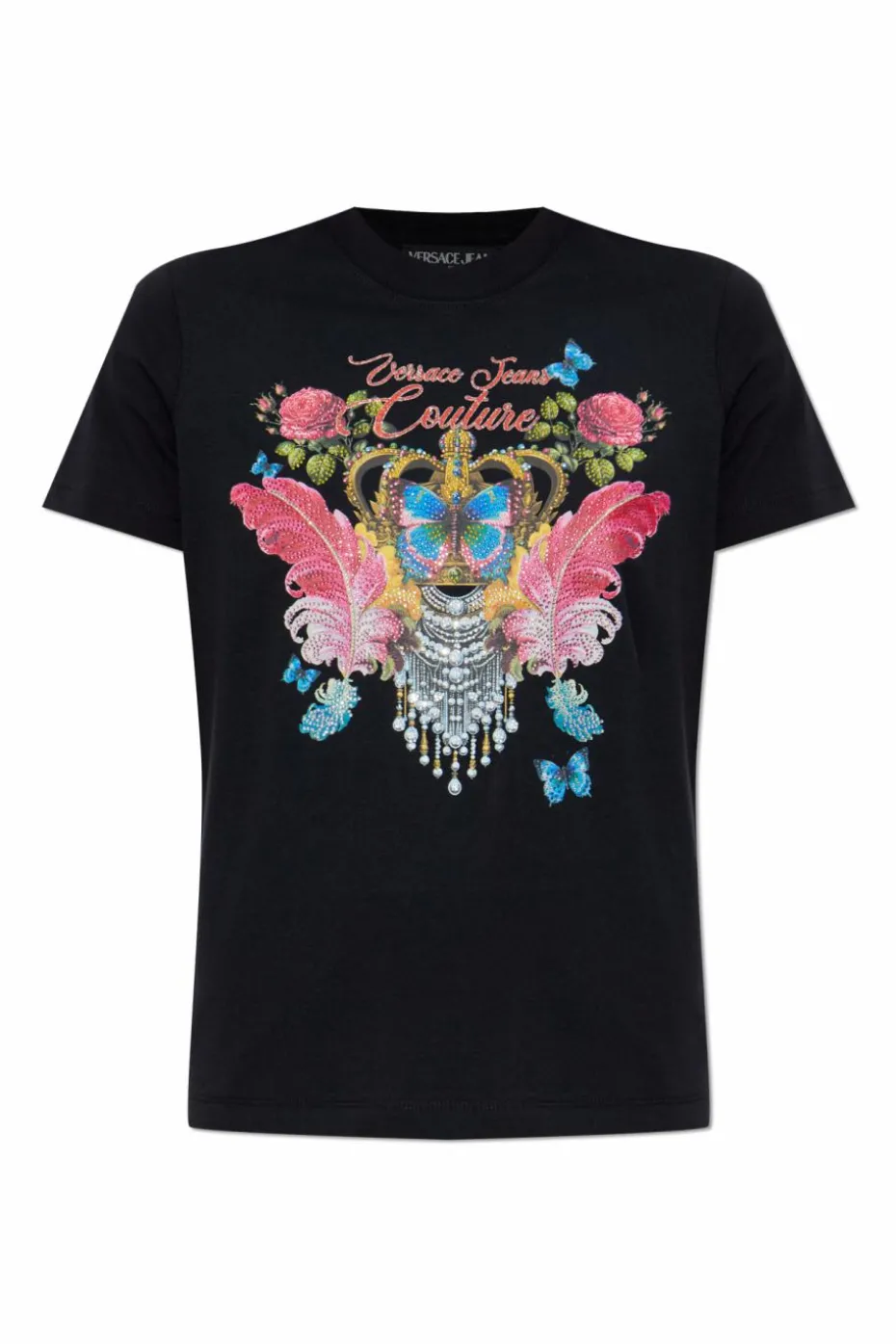 Versace Jeans Couture CZARNY T-shirt z nadrukiem i połyskującymi aplikacjami